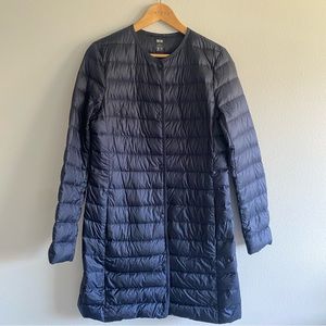 Uniqlo Long Collarless Navy Ultra Light Down Puffer